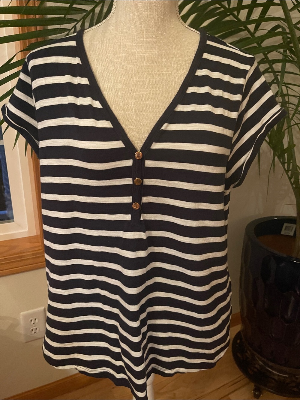 Chico's Navy and White Striped V-Neck Short Sleeve Tee